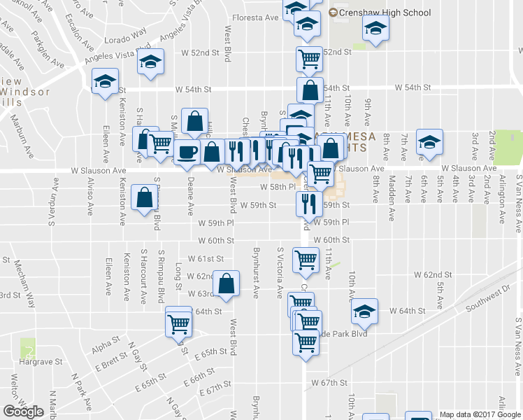 map of restaurants, bars, coffee shops, grocery stores, and more near 3510 West 59th Street in Los Angeles