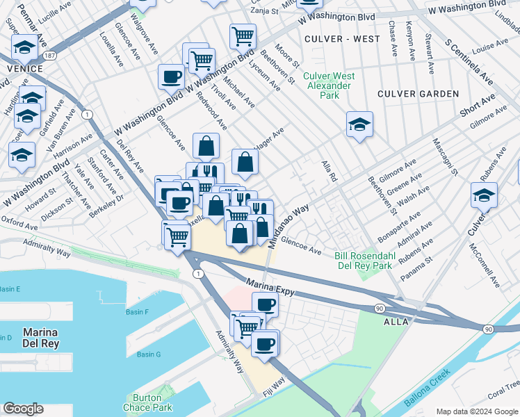 map of restaurants, bars, coffee shops, grocery stores, and more near 4333 Redwood Avenue in Marina del Rey