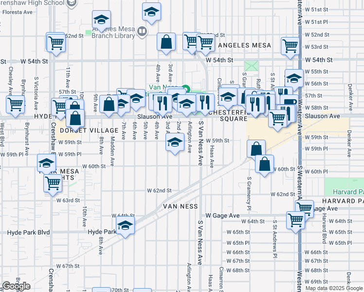 map of restaurants, bars, coffee shops, grocery stores, and more near 5910 2nd Avenue in Los Angeles