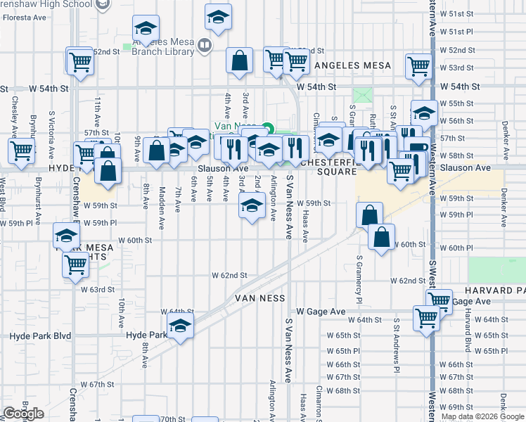 map of restaurants, bars, coffee shops, grocery stores, and more near 5910 2nd Avenue in Los Angeles