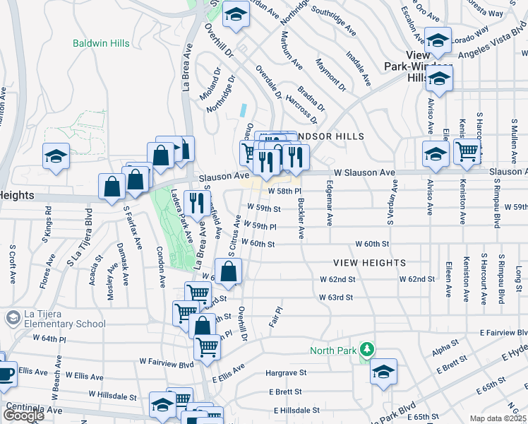 map of restaurants, bars, coffee shops, grocery stores, and more near 4500 West 59th Street in View Park-Windsor Hills