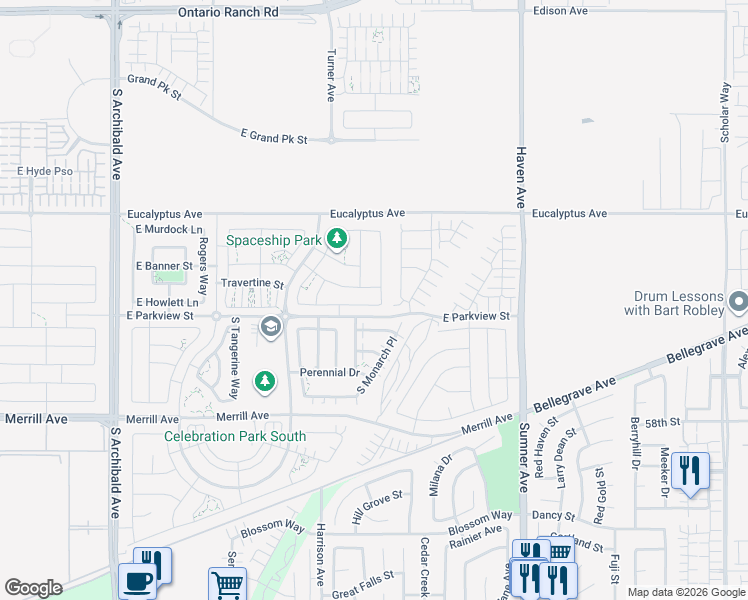 map of restaurants, bars, coffee shops, grocery stores, and more near 3285 East Lavender Drive in Ontario