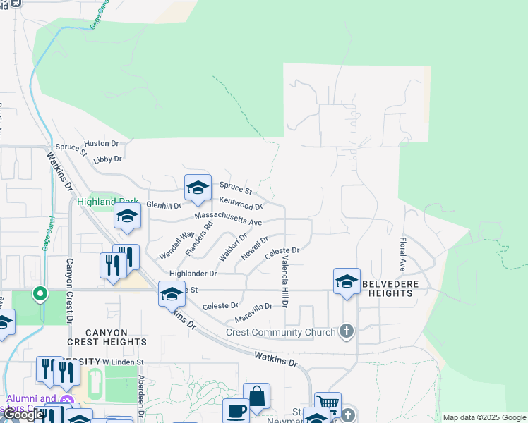 map of restaurants, bars, coffee shops, grocery stores, and more near 350 Glenhill Drive in Riverside