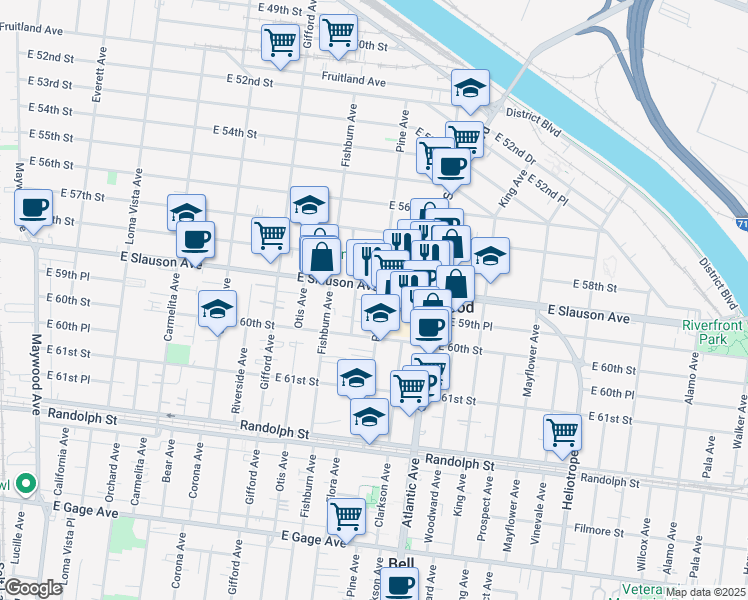 map of restaurants, bars, coffee shops, grocery stores, and more near 5911 Pine Avenue in Maywood