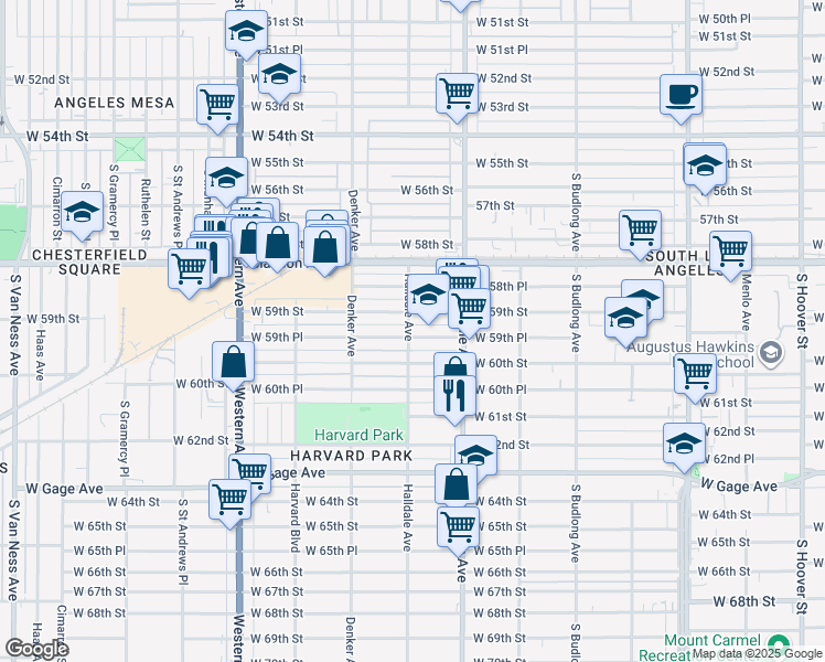 map of restaurants, bars, coffee shops, grocery stores, and more near 1453 West 59th Place in Los Angeles
