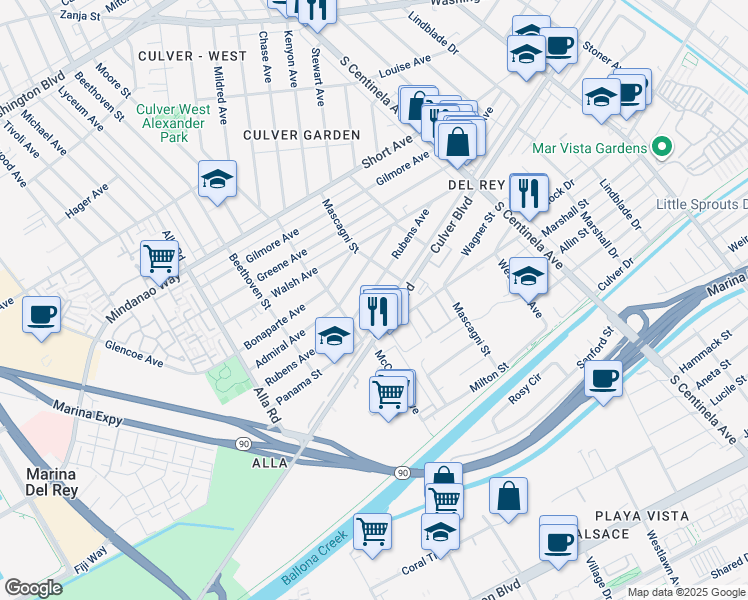 map of restaurants, bars, coffee shops, grocery stores, and more near 12631 Culver Boulevard in Los Angeles