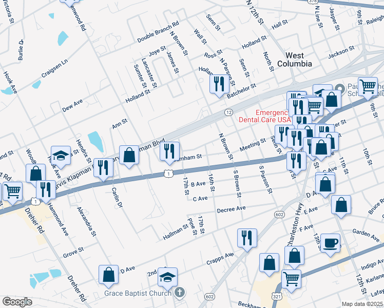 map of restaurants, bars, coffee shops, grocery stores, and more near 1619 Shull Street in West Columbia