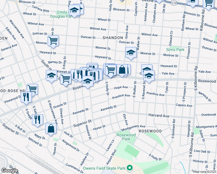 map of restaurants, bars, coffee shops, grocery stores, and more near 432 South Holly Street in Columbia