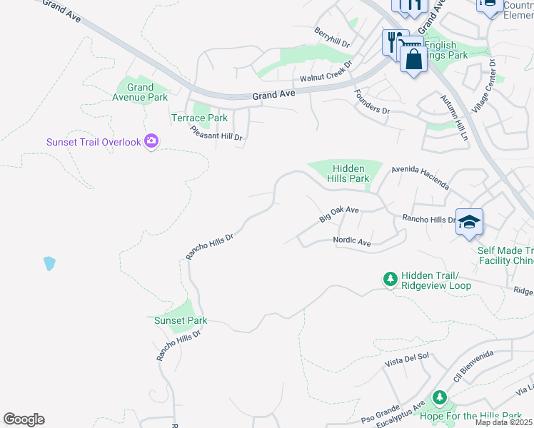 map of restaurants, bars, coffee shops, grocery stores, and more near 1715 Rancho Hills Drive in Chino Hills