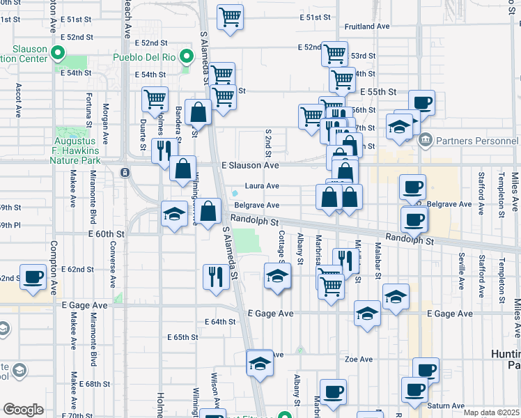 map of restaurants, bars, coffee shops, grocery stores, and more near 2055 Randolph Street in Huntington Park