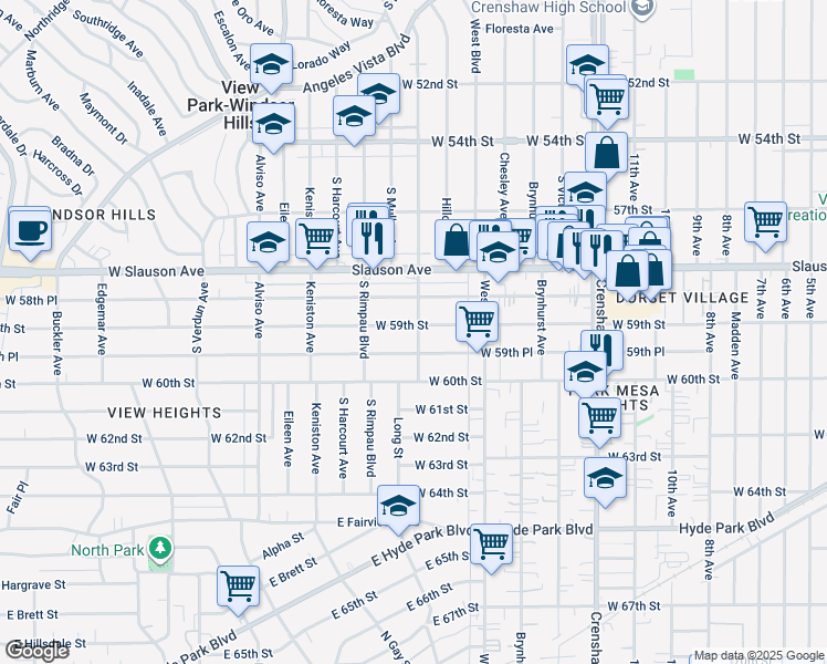 map of restaurants, bars, coffee shops, grocery stores, and more near 3702 West 59th Street in Los Angeles