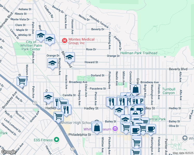 map of restaurants, bars, coffee shops, grocery stores, and more near 12408 Dorland Street in Whittier