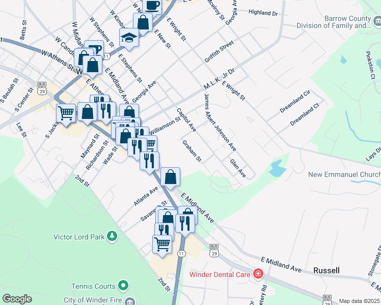 map of restaurants, bars, coffee shops, grocery stores, and more near 211 Graham Street in Winder