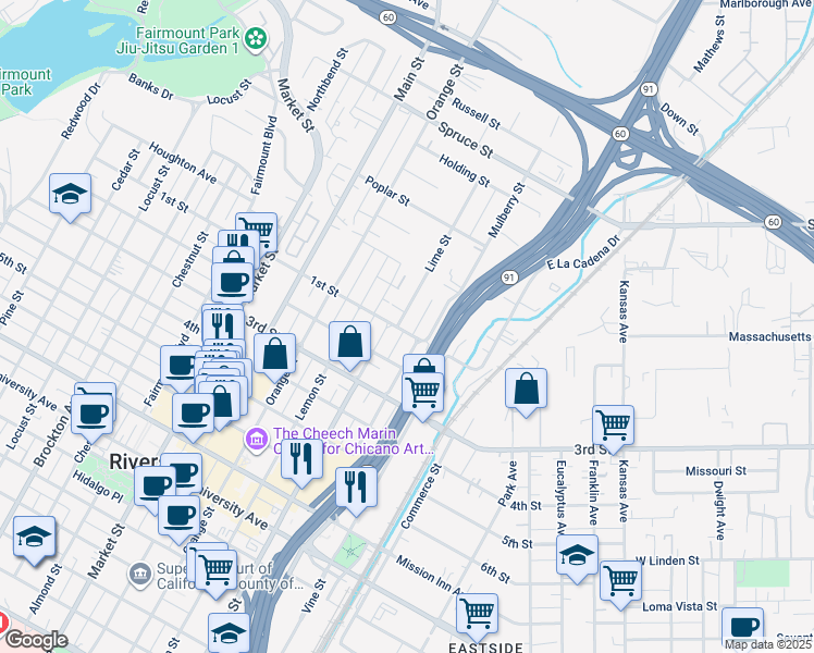 map of restaurants, bars, coffee shops, grocery stores, and more near 3092 Lime Street in Riverside