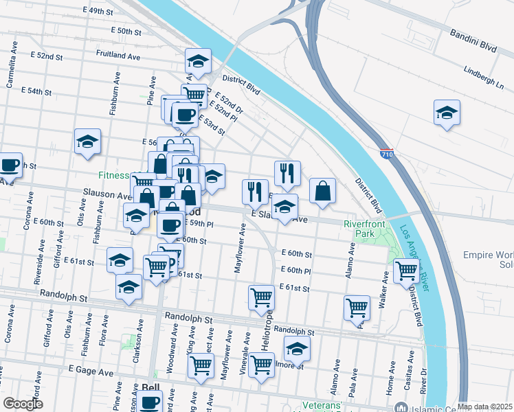 map of restaurants, bars, coffee shops, grocery stores, and more near 4717 Slauson Avenue in Maywood