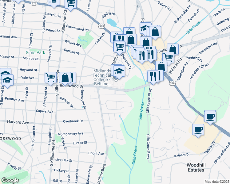 map of restaurants, bars, coffee shops, grocery stores, and more near 200 Rosewood Drive in Columbia
