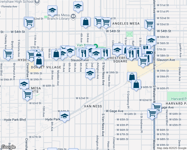 map of restaurants, bars, coffee shops, grocery stores, and more near 5910 2nd Avenue in Los Angeles