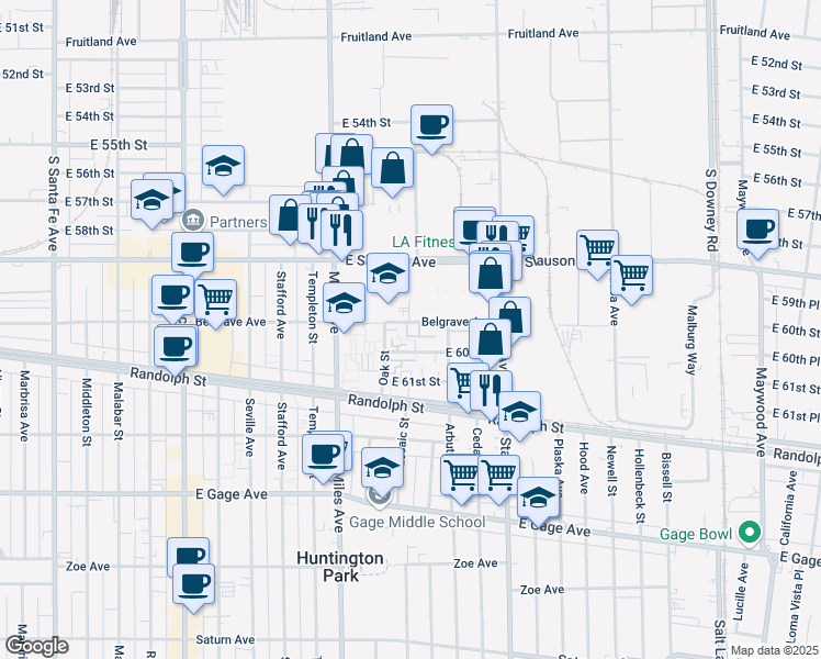 map of restaurants, bars, coffee shops, grocery stores, and more near 2928 Belgrave Avenue in Huntington Park