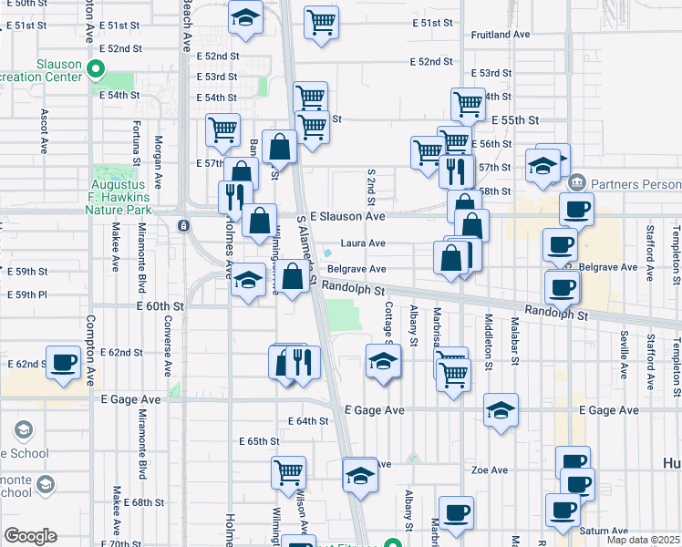 map of restaurants, bars, coffee shops, grocery stores, and more near 1978 Belgrave Ave in Huntington Park