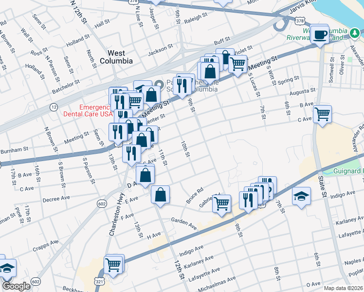 map of restaurants, bars, coffee shops, grocery stores, and more near 922c C Avenue in West Columbia