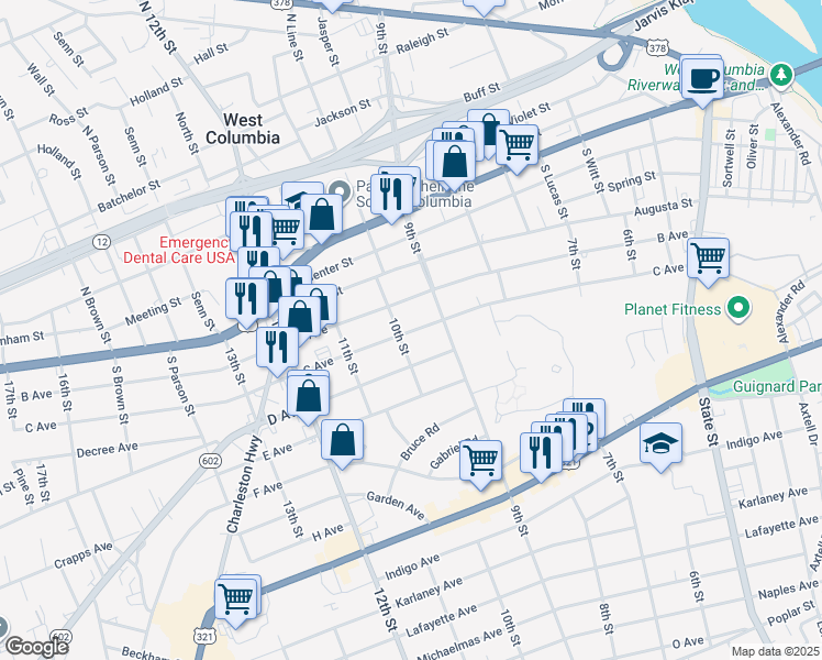 map of restaurants, bars, coffee shops, grocery stores, and more near 922c C Avenue in West Columbia