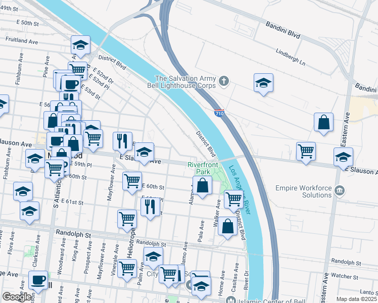 map of restaurants, bars, coffee shops, grocery stores, and more near 4961 East 52nd Place in Los Angeles
