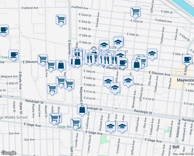 map of restaurants, bars, coffee shops, grocery stores, and more near 3633 East 60th Street in Huntington Park