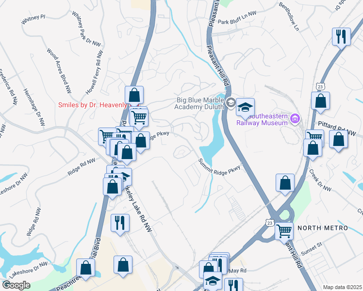 map of restaurants, bars, coffee shops, grocery stores, and more near 3871 Thayer Trace in Duluth