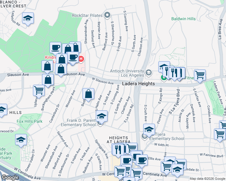 map of restaurants, bars, coffee shops, grocery stores, and more near 5824 South Holt Avenue in Los Angeles