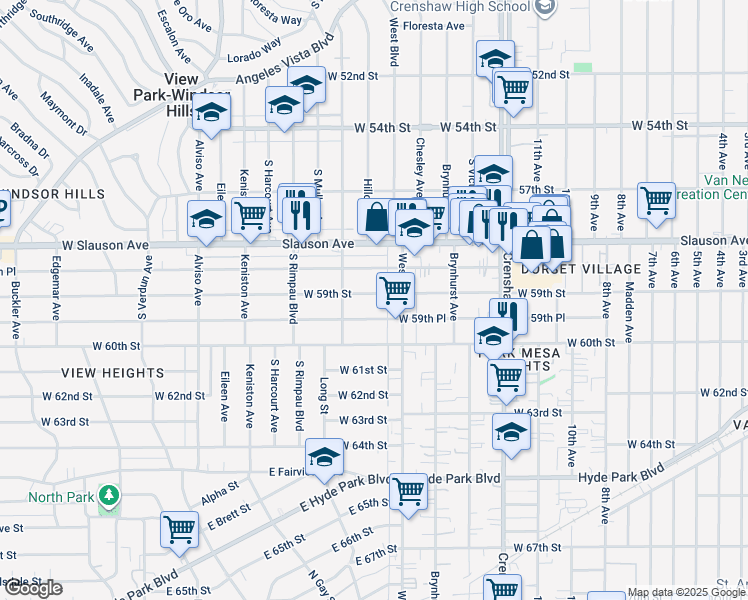 map of restaurants, bars, coffee shops, grocery stores, and more near 3634 West 59th Street in Los Angeles