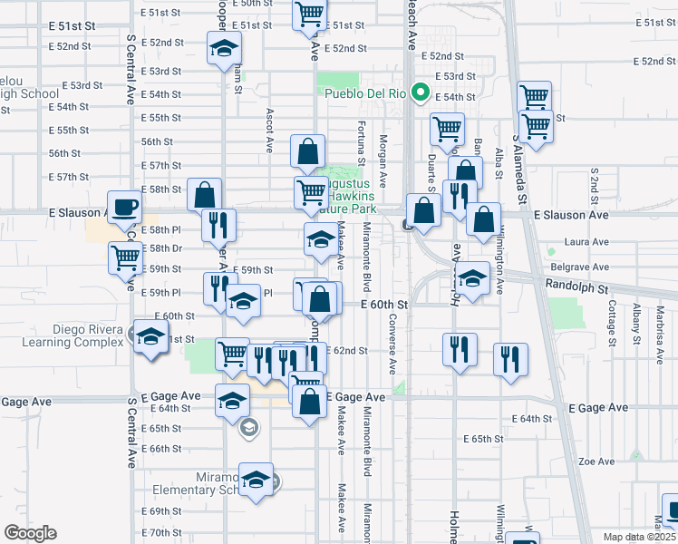 map of restaurants, bars, coffee shops, grocery stores, and more near 5897 3/4 Makee Avenue in Los Angeles