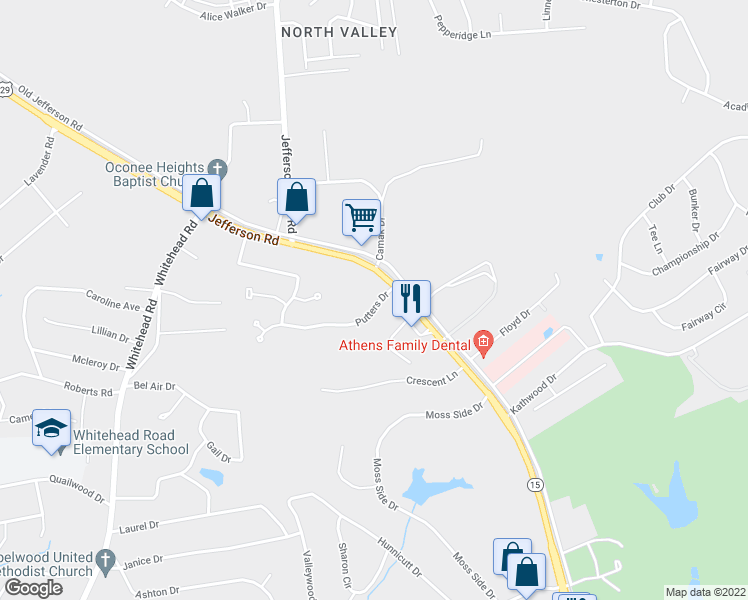 map of restaurants, bars, coffee shops, grocery stores, and more near 116 Putters Drive in Athens
