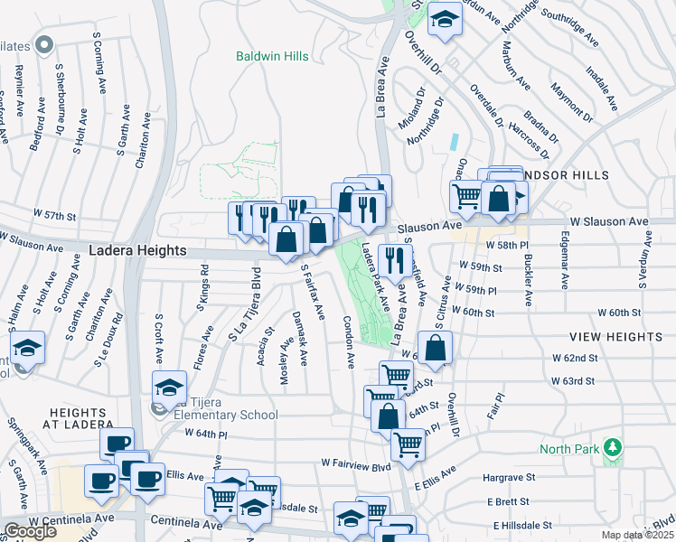 map of restaurants, bars, coffee shops, grocery stores, and more near 5908 59th Street in View Park-Windsor Hills
