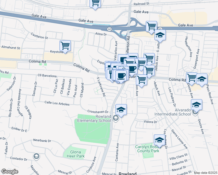 map of restaurants, bars, coffee shops, grocery stores, and more near 18131 Camino Bello in Rowland Heights