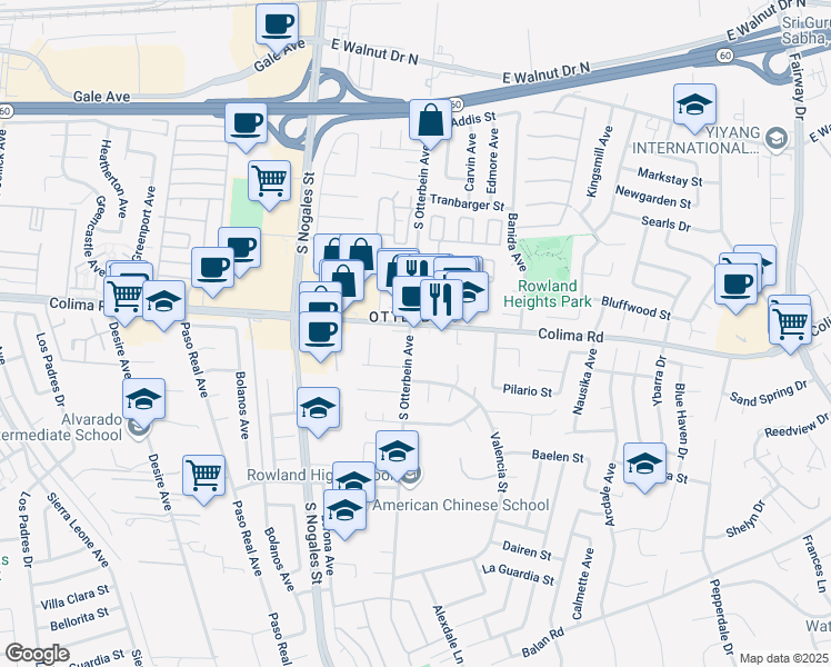 map of restaurants, bars, coffee shops, grocery stores, and more near 19208 Colima Road in Rowland Heights