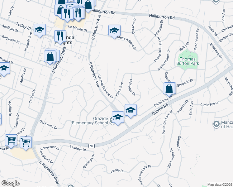 map of restaurants, bars, coffee shops, grocery stores, and more near 2605 Kiska Avenue in La Puente