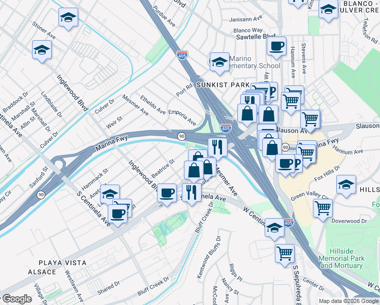 map of restaurants, bars, coffee shops, grocery stores, and more near 11814 Beatrice Street in Culver City