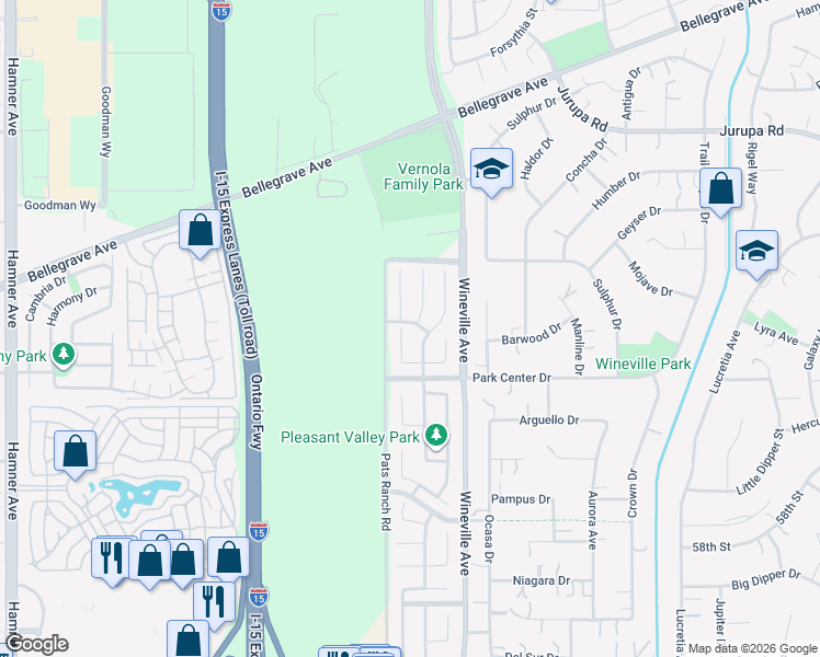 map of restaurants, bars, coffee shops, grocery stores, and more near 5410 Tree Sparrow Court in Jurupa Valley