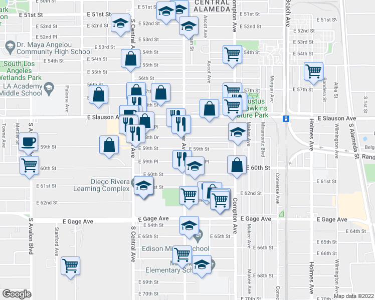 map of restaurants, bars, coffee shops, grocery stores, and more near 1306 East 59th Street in Los Angeles