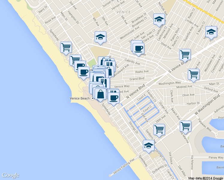 map of restaurants, bars, coffee shops, grocery stores, and more near 218 Venice Way in Los Angeles