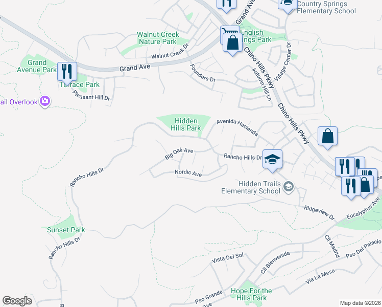 map of restaurants, bars, coffee shops, grocery stores, and more near 14640 Deep Creek Court in Chino Hills