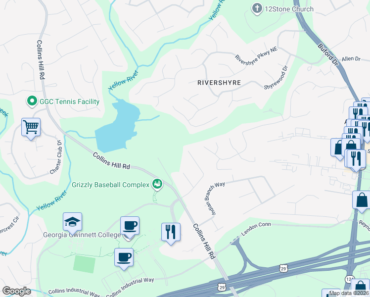 map of restaurants, bars, coffee shops, grocery stores, and more near 218 Melody Lane in Lawrenceville
