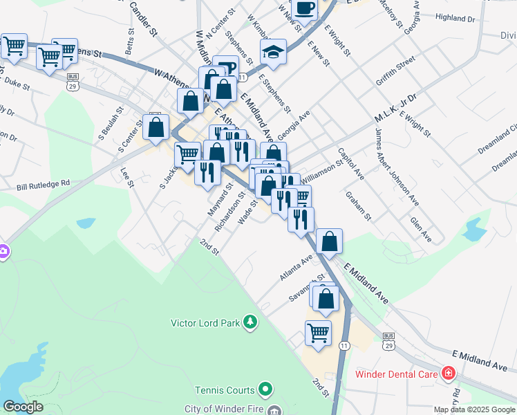 map of restaurants, bars, coffee shops, grocery stores, and more near 10 Wade Street in Winder