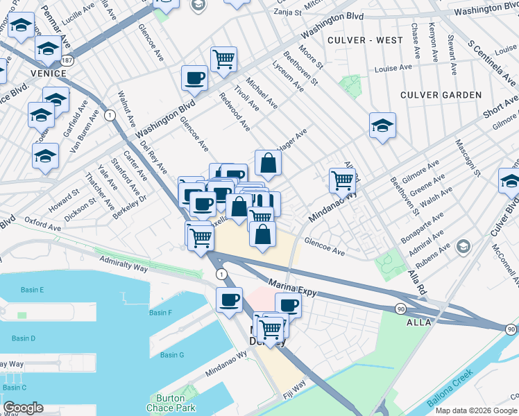 map of restaurants, bars, coffee shops, grocery stores, and more near 4310 Glencoe Avenue in Los Angeles