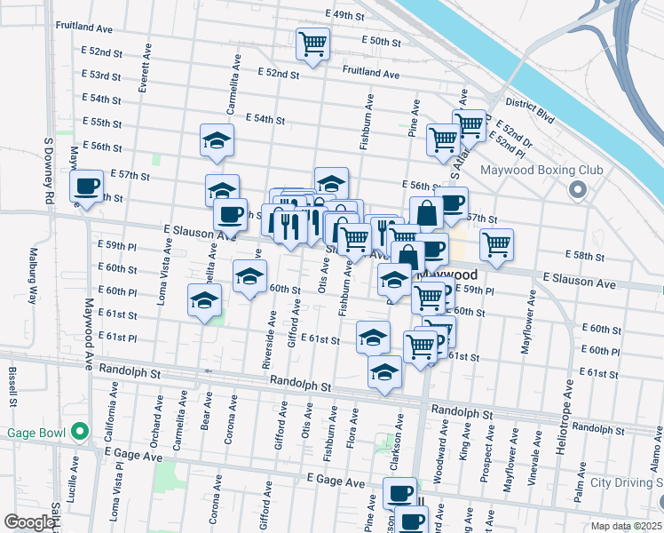 map of restaurants, bars, coffee shops, grocery stores, and more near 5922 Otis Ave in Huntington Park