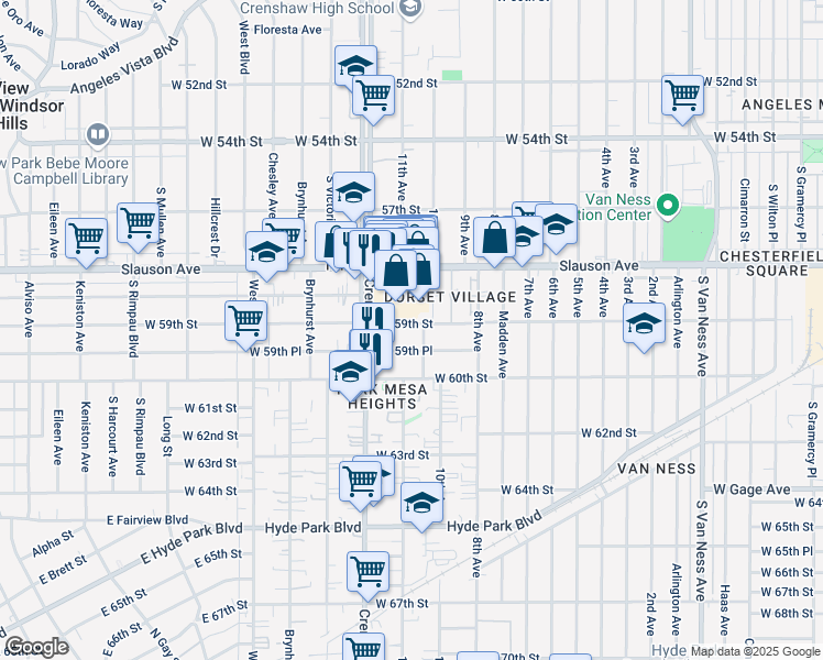 map of restaurants, bars, coffee shops, grocery stores, and more near 3236 West 59th Street in Los Angeles