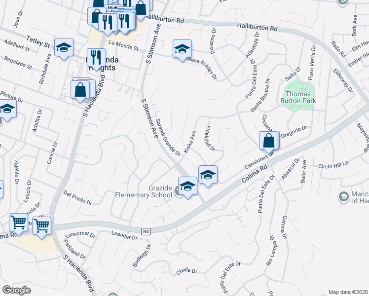 map of restaurants, bars, coffee shops, grocery stores, and more near 2605 Kiska Avenue in La Puente