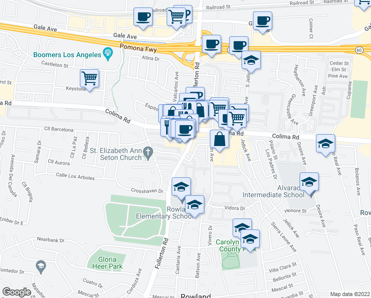 map of restaurants, bars, coffee shops, grocery stores, and more near 1747 Fullerton Road in Rowland Heights