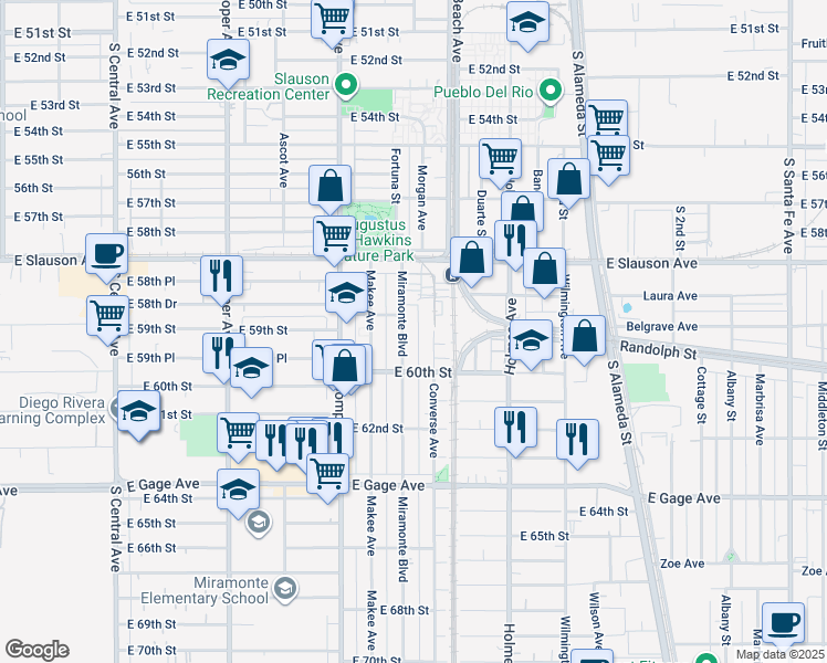 map of restaurants, bars, coffee shops, grocery stores, and more near 5900 Miramonte Boulevard in Los Angeles