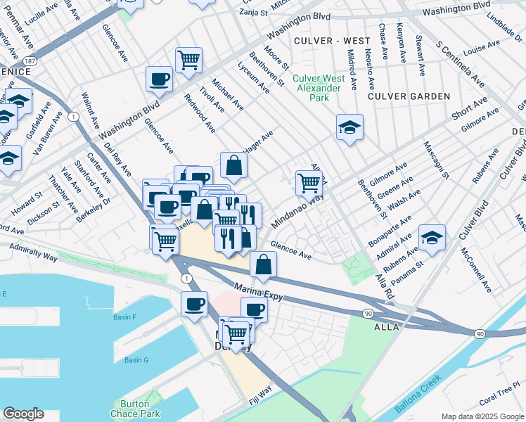 map of restaurants, bars, coffee shops, grocery stores, and more near 4333 Redwood Avenue in Marina del Rey